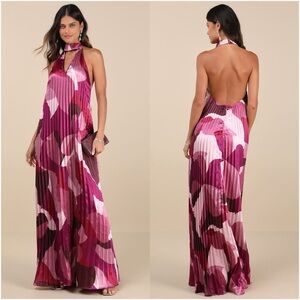 LULU'S Prime Poise Pink Multi Abstract Satin Halter Maxi Dress
